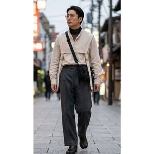 Double Name Japanese Designer Beige Button Up Shirt Large Minimalist Vest Detail
